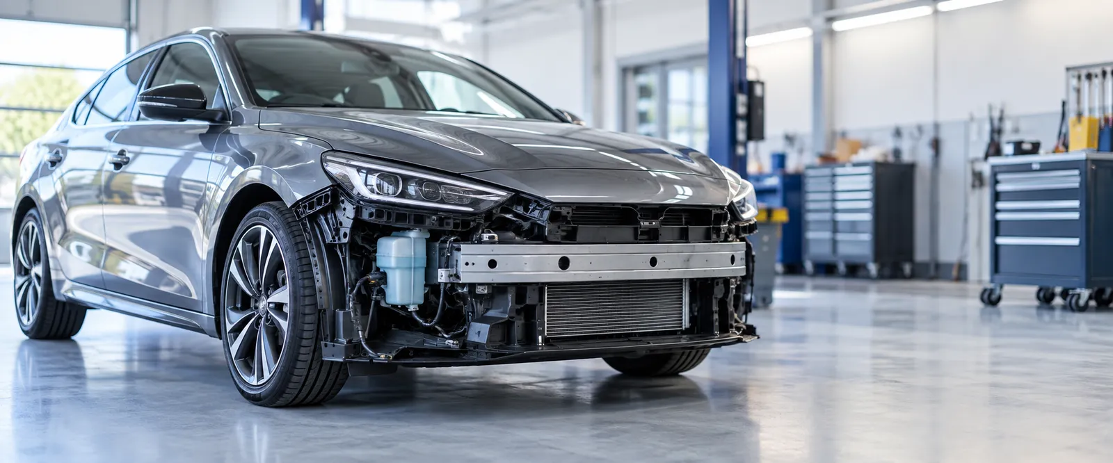Vehicle being assessed in a repair workshop